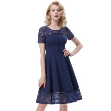 Belle Poque Retro Vintage Short Sleeve Round Neck Contrast Lace Party Dress Women Navy Blue Dress BP000286-1